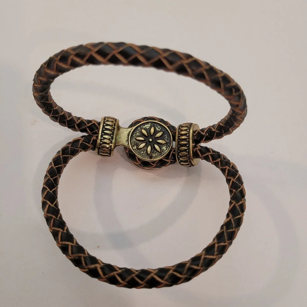 Ginger Snaps Braided Leather Bracelet Unisex Brown Initial K Snap Brass Tone Vtg